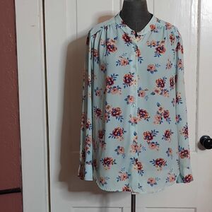 Spring Florals Flowy Faded Glory Robin Egg Blue Band Collar Button Blouse EUC LG